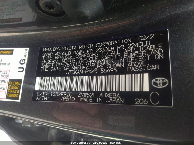 2021 Toyota Prius, VIN: JTDKAMFPXM3185695