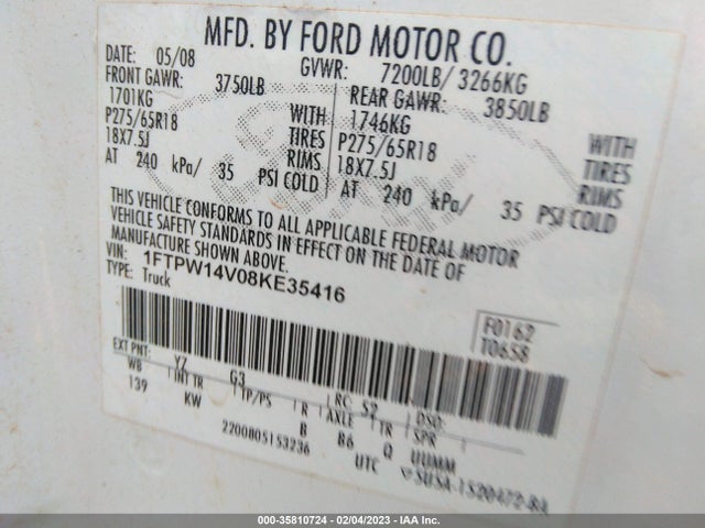 2008 FORD F-150 XLT/LARIAT/FX4 VIN: 1FTPW14V08KE35416