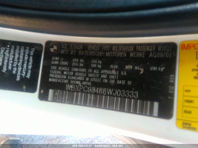 BMW X3 3.0SI 2008 WBXPC93488WJ03333 Image 10