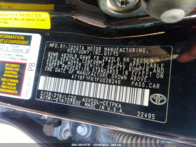 2015 TOYOTA CAMRY XLE/SE/LE/XSE VIN: 4T1BF1FK1FU028246