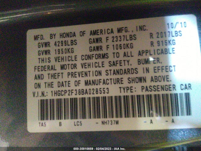 2011 HONDA ACCORD SDN LX VIN: 1HGCP2F38BA028553