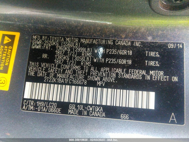 2T2ZK1BA1FC166678 Lexus RX 350
