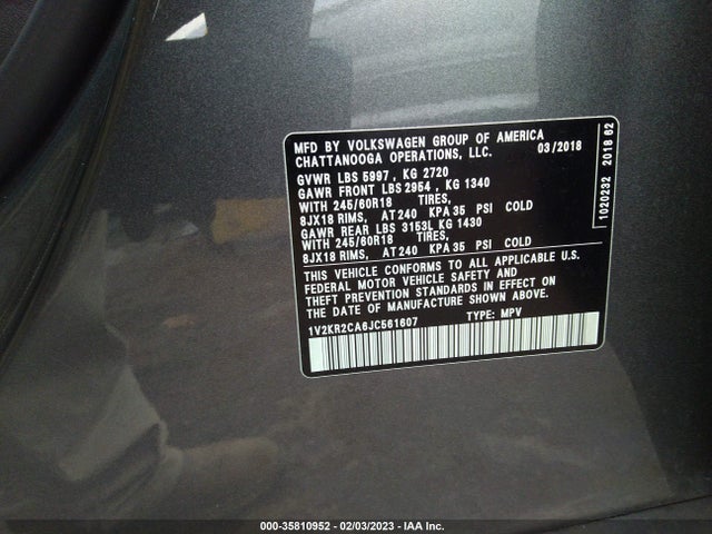 2018 Volkswagen Atlas, VIN: 1V2KR2CA6JC561607