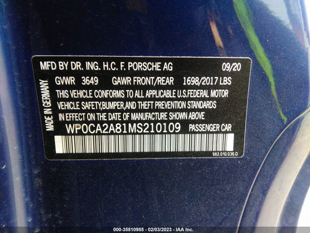 2021 Porsche 718, VIN: WP0CA2A81MS210109
