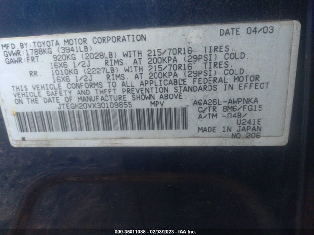 2003 TOYOTA RAV4 VIN: JTEGH20VX30109855
