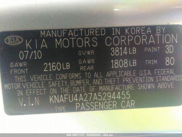 KNAFU4A27A5294455 KIA FORTE EX