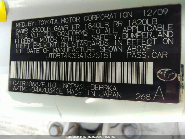 2010 TOYOTA YARIS VIN: JTDBT4K35A1375151