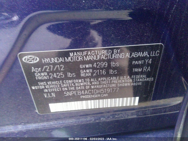 2013 HYUNDAI SONATA GLS PZEV VIN: 5NPEB4AC1DH519177