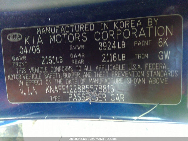 2008 KIA SPECTRA EX VIN: KNAFE122885578813