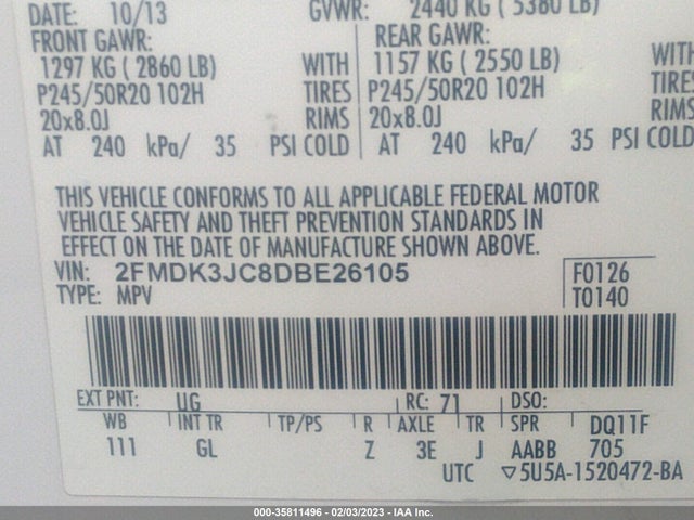 2013 FORD EDGE SEL VIN: 2FMDK3JC8DBE26105