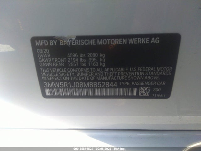 2021 BMW 3 Series, VIN: 3MW5R1J08M8B52844