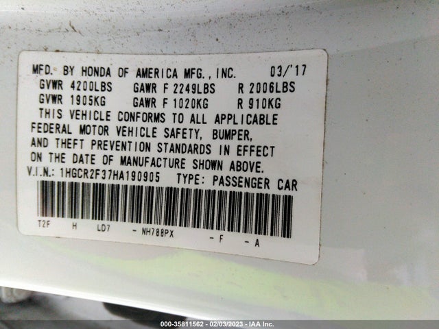 Honda Accord Sedan Lx 2017 1HGCR2F37HA190905 Image 11