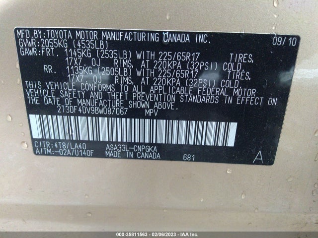 2011 TOYOTA RAV4 LTD VIN: 2T3DF4DV9BW087067