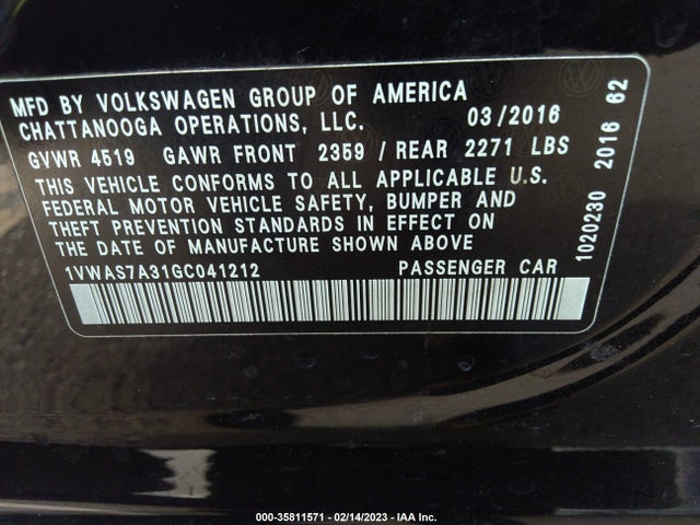 2016 Volkswagen Passat, VIN: 1VWAS7A31GC041212