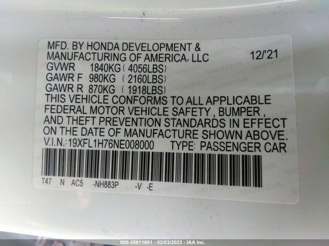 2022 HONDA CIVIC HATCHBACK EX-L VIN: 19XFL1H76NE008000