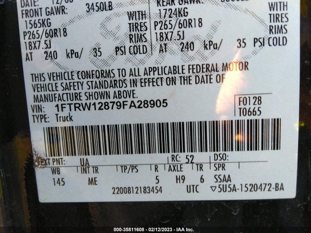 2009 FORD F-150 XL/XLT VIN: 1FTRW12879FA28905