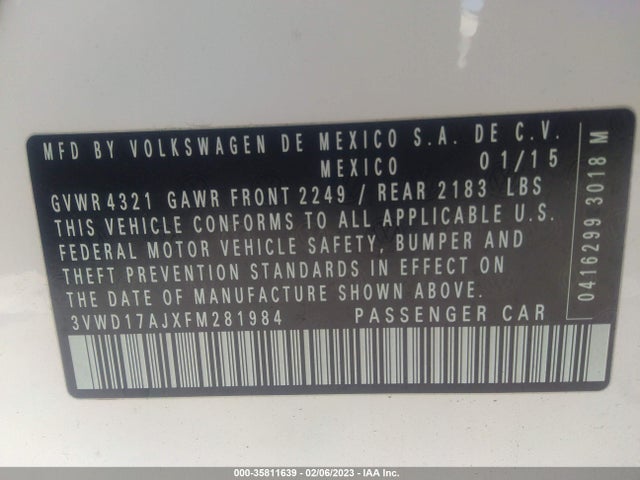 2015 Volkswagen Jetta, VIN: 3VWD17AJXFM281984