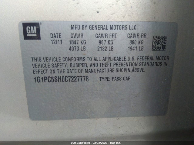 2012 CHEVROLET CRUZE LS VIN: 1G1PC5SH0C7227778
