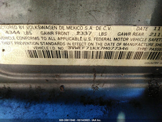 3VWEF71KX7M077346 Volkswagen Jetta Sedan Wolfsburg Edition