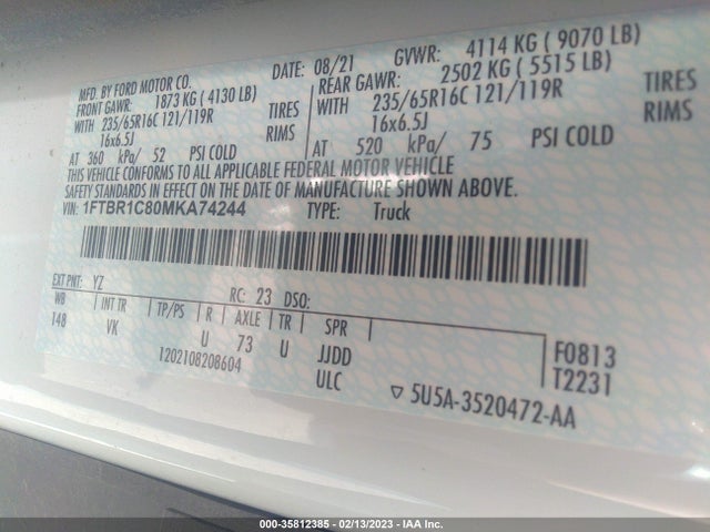 2021 Ford Transit, VIN: 1FTBR1C80MKA74244
