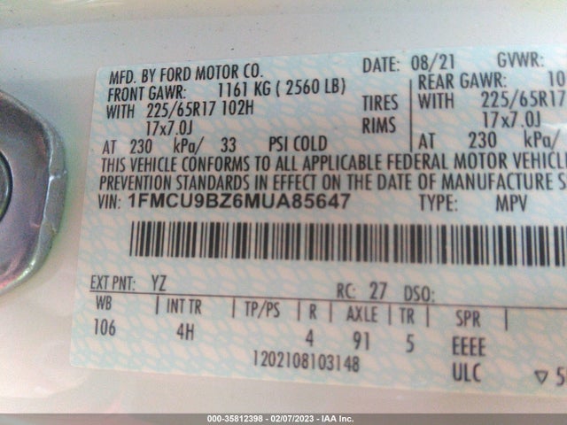 2021 Ford Escape, VIN: 1FMCU9BZ6MUA85647
