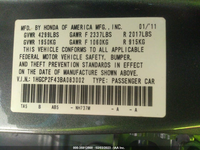 2011 HONDA ACCORD SDN LX-P VIN: 1HGCP2F43BA083002