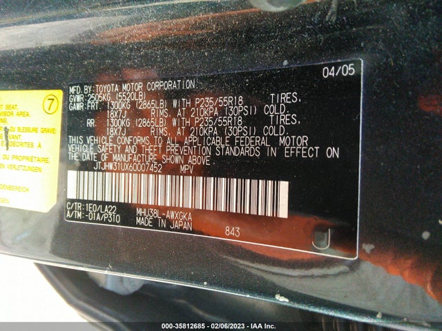 JTJHW31UX60007452 Lexus RX 400H