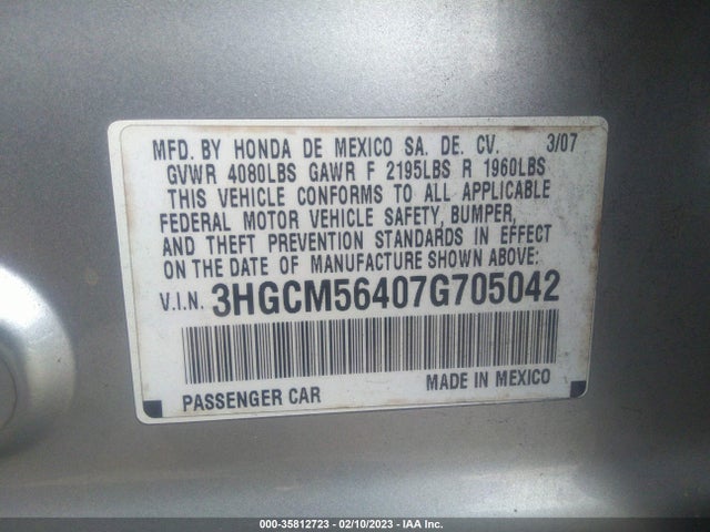 2007 HONDA ACCORD SDN LX VIN: 3HGCM56407G705042