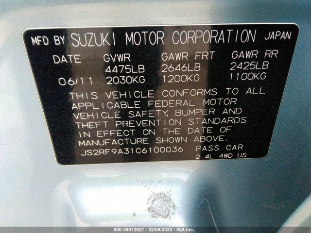 JS2RF9A31C6100036 Suzuki Kizashi
