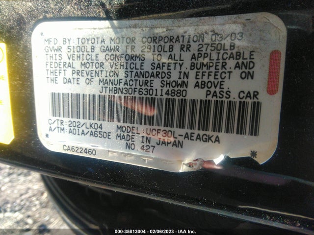 2003 LEXUS LS 430 VIN: JTHBN30F630114880