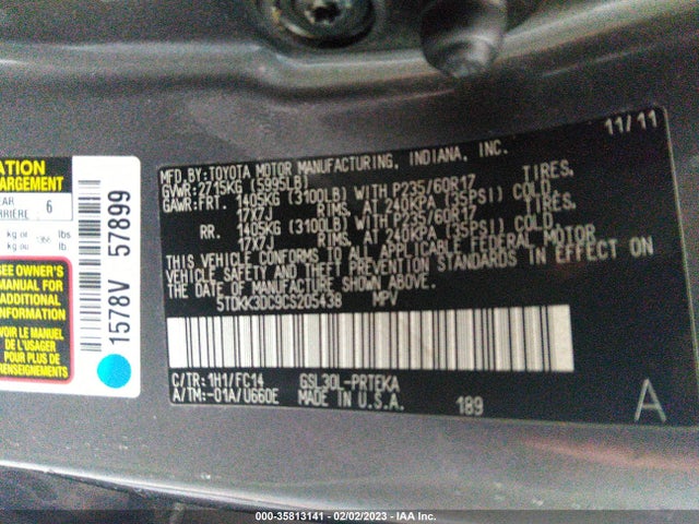 2012 TOYOTA SIENNA LE VIN: 5TDKK3DC9CS205438