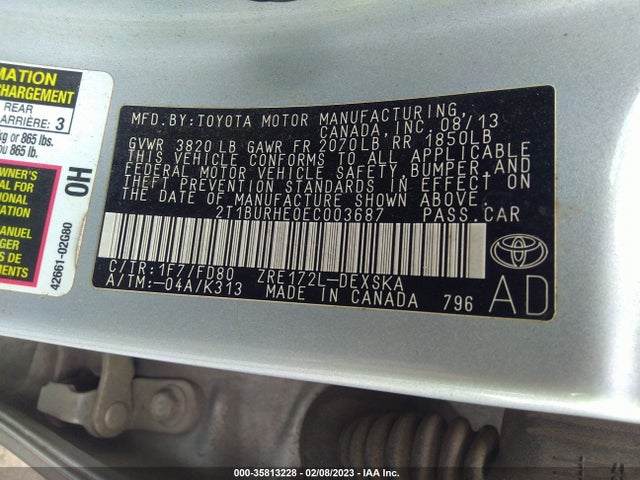 2014 TOYOTA COROLLA L/LE/S/S PLUS/LE PLUS VIN: 2T1BURHE0EC003687