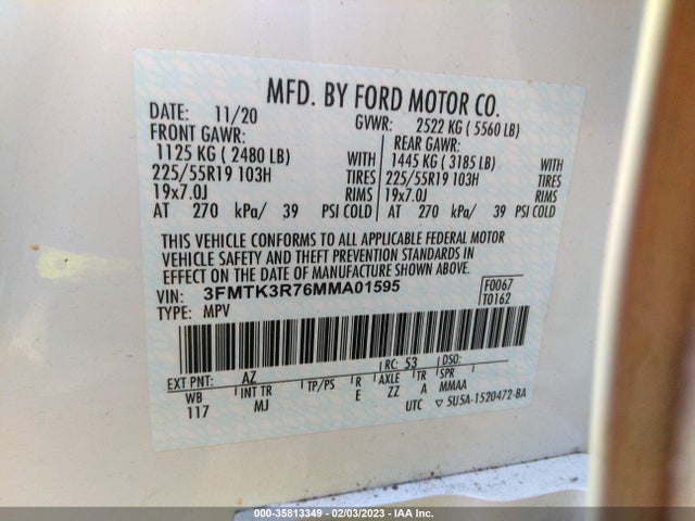 2021 FORD MUSTANG MACH-E PREMIUM VIN: 3FMTK3R76MMA01595