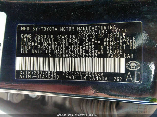 2015 TOYOTA COROLLA L/LE/S/S PLUS/LE PLUS VIN: 2T1BURHE6FC302232