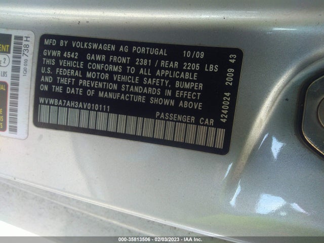 2010 VOLKSWAGEN EOS KOMFORT VIN: WVWBA7AH3AV010111
