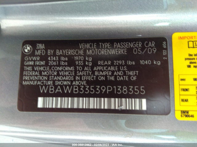 2009 BMW 3 SERIES 328I VIN: WBAWB33539P138355