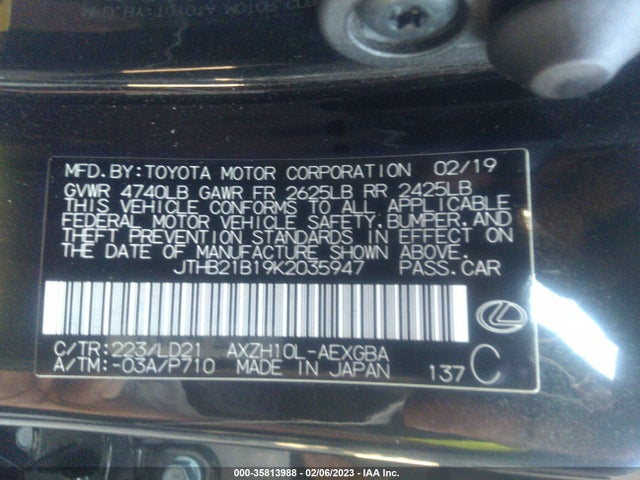 2019 Lexus ES, VIN: JTHB21B19K2035947
