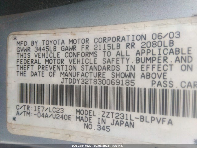 2003 TOYOTA CELICA GTS VIN: JTDDY32T830069185