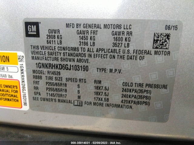 2016 Chevrolet Traverse, VIN: 1GNKRHKD6GJ103190