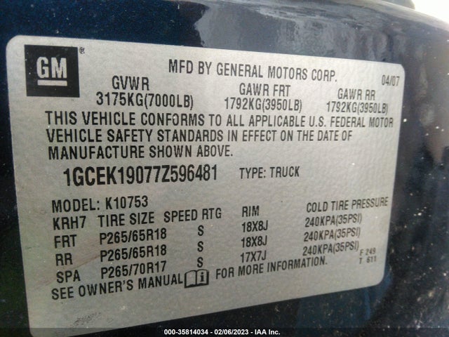 2007 CHEVROLET SILVERADO 1500 LT W/1LT VIN: 1GCEK19077Z596481