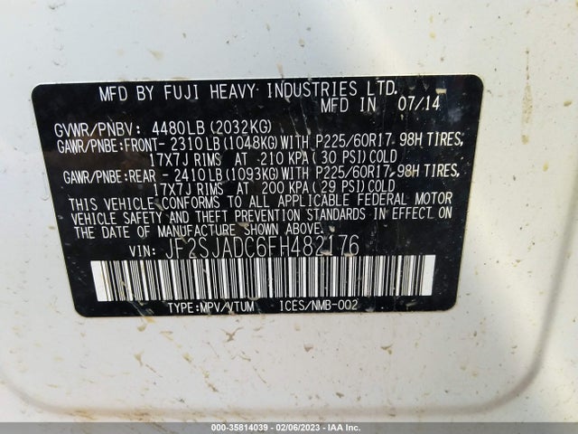 2015 SUBARU FORESTER 2.5I PREMIUM VIN: JF2SJADC6FH482176