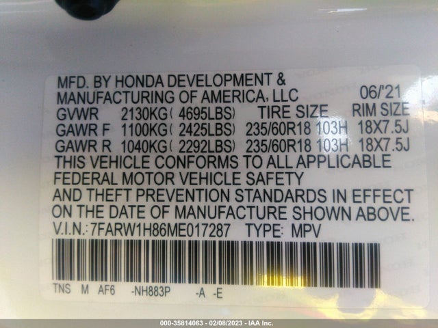 2021 HONDA CR-V EX-L VIN: 7FARW1H86ME017287