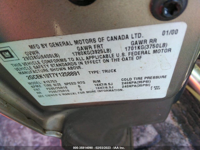 2000 CHEVROLET SILVERADO 1500 LT VIN: 2GCEK19T7Y1258891