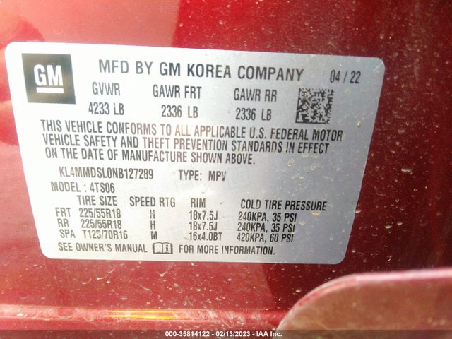 2022 BUICK ENCORE GX SELECT VIN: KL4MMDSL0NB127289