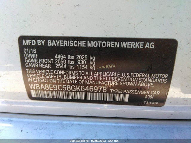 2016 BMW 3 SERIES 328I VIN: WBA8E9C58GK646978