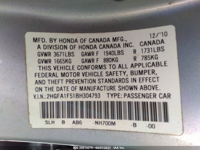 2011 HONDA CIVIC SDN LX VIN: 2HGFA1F51BH304793