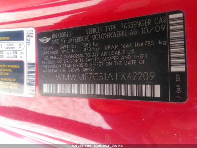 WMWMF7C51ATX42209 Mini Cooper Hardtop S