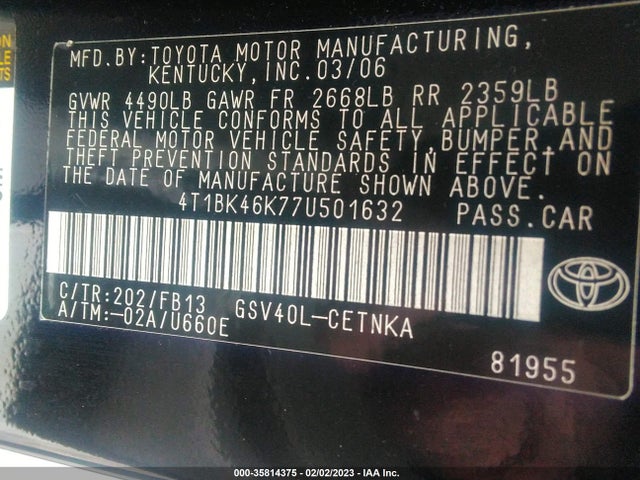 2007 TOYOTA CAMRY LE/SE/XLE VIN: 4T1BK46K77U501632