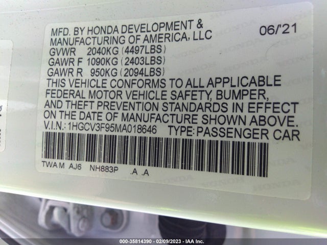 2021 HONDA ACCORD HYBRID VIN: 1HGCV3F95MA018646
