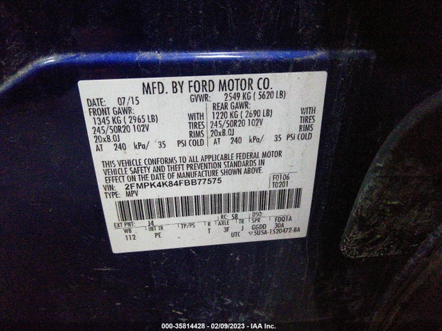 2015 FORD EDGE TITANIUM VIN: 2FMPK4K84FBB77575